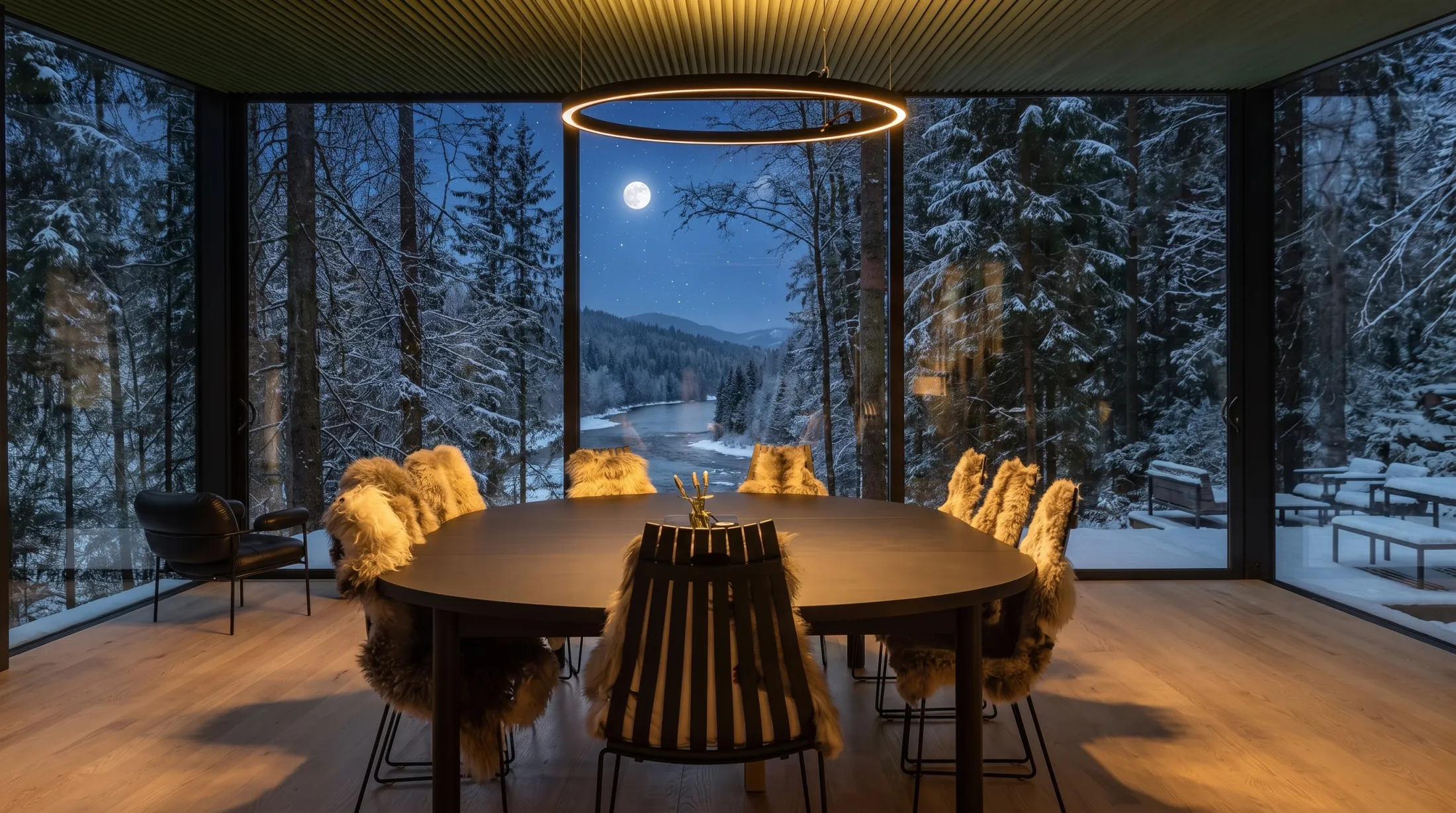 Laagen HUB interiør om vinteren, langbord med saueskinn og panoramaglass mot elva