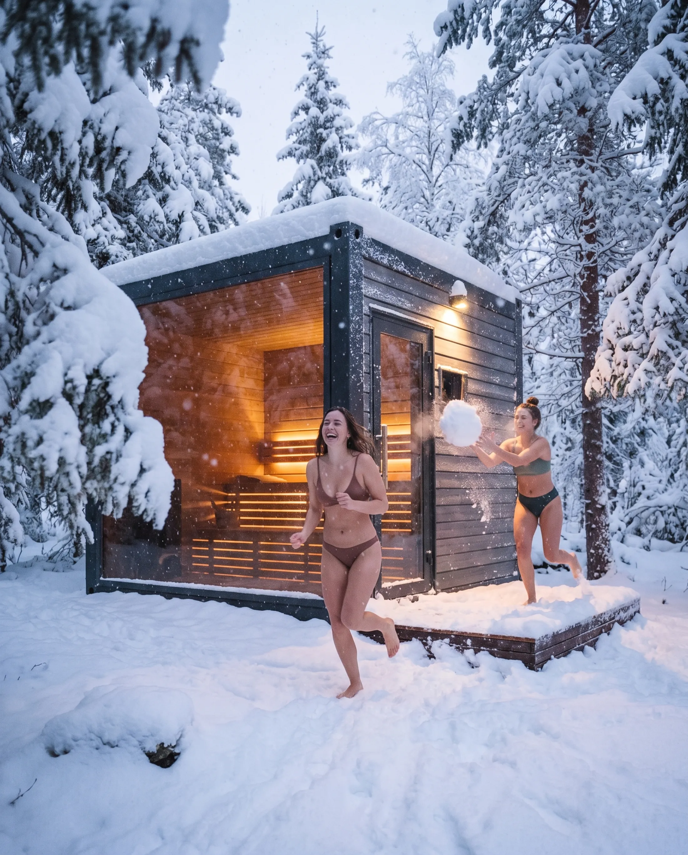 Glødende sauna i snødekt skog, to personer ute i snøen