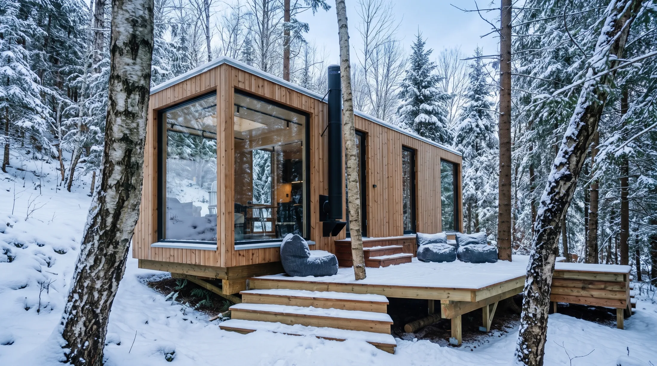 Samme skogshytte dekket av snø om vinteren
