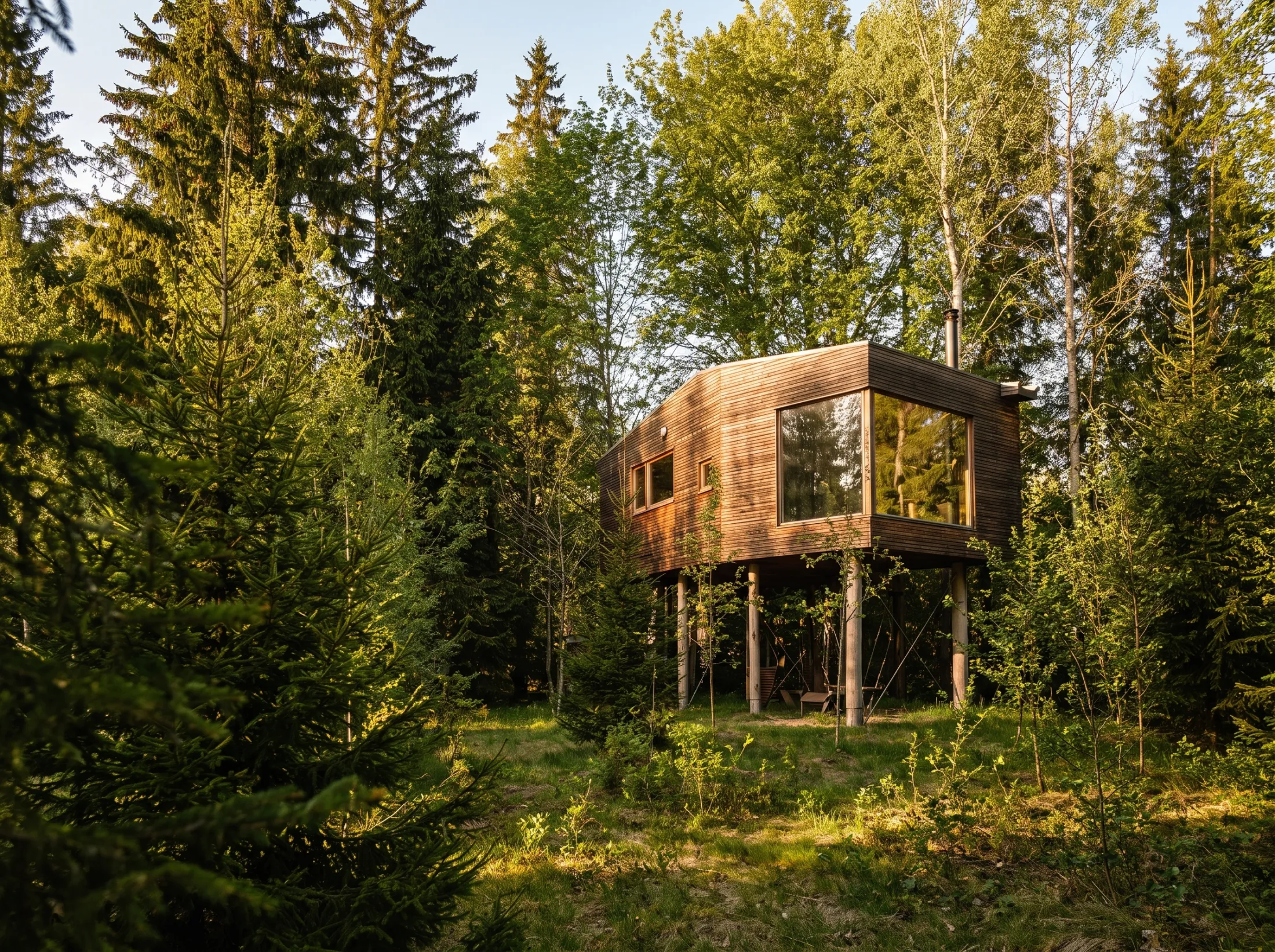 Trekledd tretopphytte på stylter i sommergrønn skog